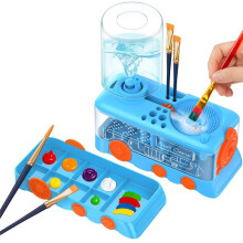 Nettoyeur de Pinceaux de Dessin Animé Amélioré avec Plateau, Support et Égouttoir pour Peintures Acryliques et Aquarelles, Bleu