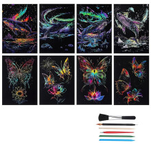 8 Sheet Scratch Paper Noctilucent Glow in the Dark Rainbow Painting Paper with 4 Tools Engraving Landscape Scratchboard
