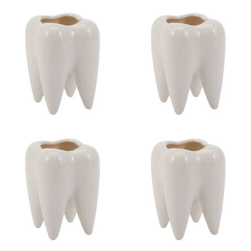 4X Tooth Shape White Ceramic Flower Pot Modern Design Planter Teeth Model  Desktop Pot  Gift(Without Plants)