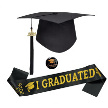 Class of 2026 Graduation Cap Sash Badge Set Graduated Satin Stole with Matte Black Cap And Metal Badge