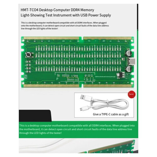 HMT-TC04 Desktop DDR4 Computer Memory Slot LED Tester Test Card Reversible USB Powered 2
