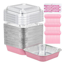 35 Pack 8x8 Inch Disposable Aluminum Pans with Plastic Lids,Stickers and Cake Spoons ,for Baking Trays,Foil Pans