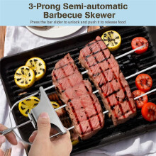 3 Way Skewers,Metal Skewers for Grilling, 3-Prong Barbecue Skewer,Metal Grill Skewer with Push Bar Slider