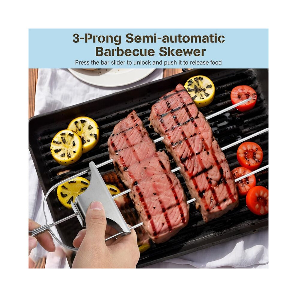 3 Way Skewers,Metal Skewers For Grilling, 3-Prong Barbecue Skewer,Metal Grill Skewer With Push Bar Slider 4711414756334