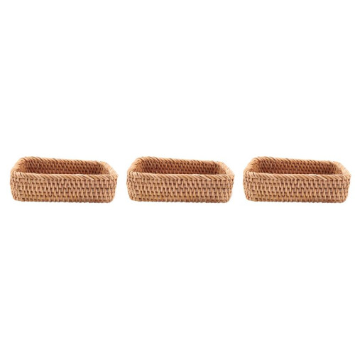 3X Hand-Woven Rectangular Rattan Wicker Basket Fruit Tea Snack Bread Picnic Cosmetic Box Kitchen Household Tools-S