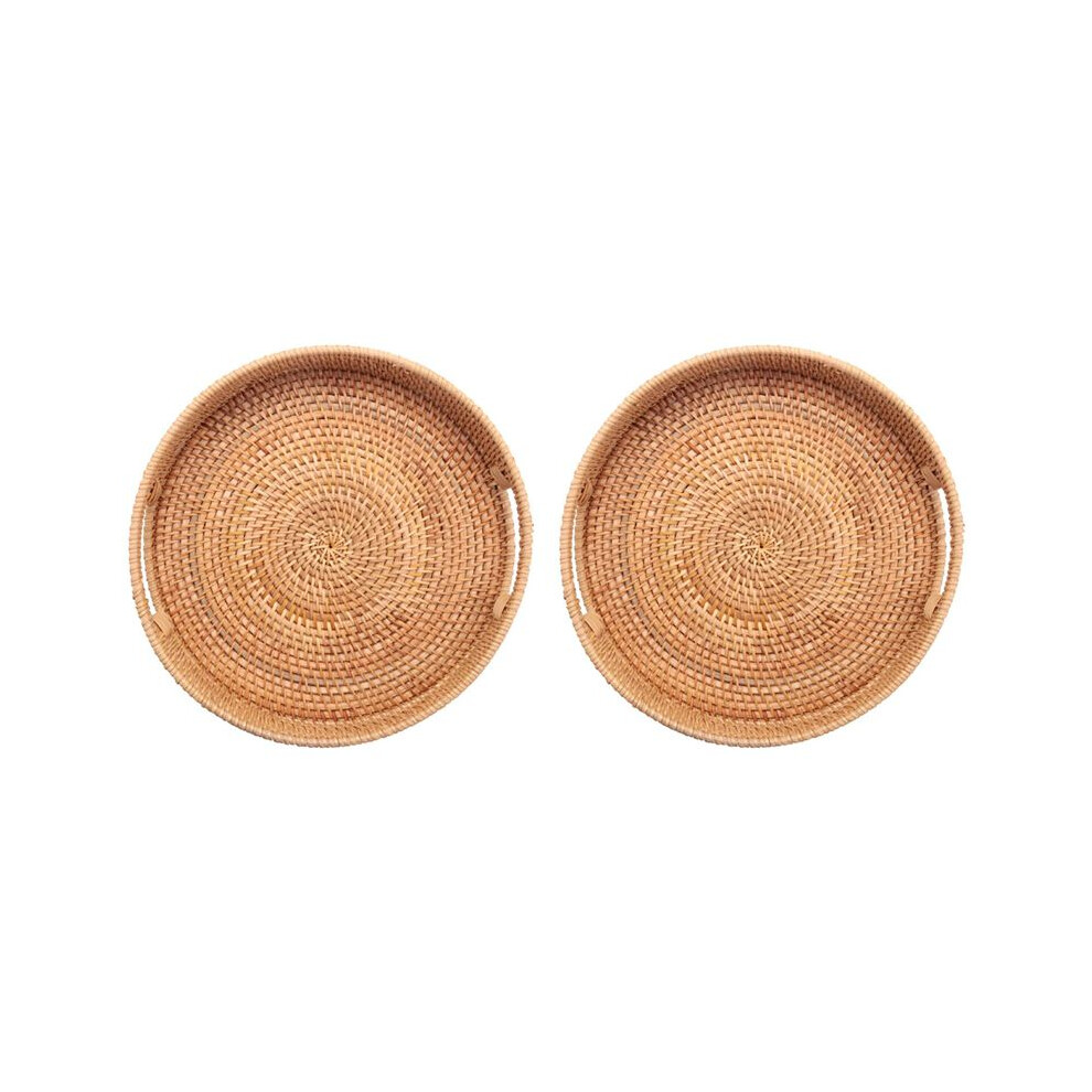 Brecantia 2X Round Rattan Woven Serving Tray With Handles Ottoman Tray For Breakfast, Drinks, Snack For Coffee Table