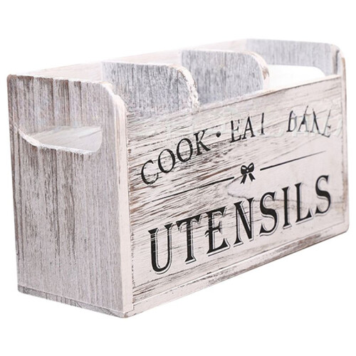 Kitchen Utensil Rack with Three Compartments Rustic Wooden Storage Box Vintage Tableware Farmhouse Dish Cabinet B