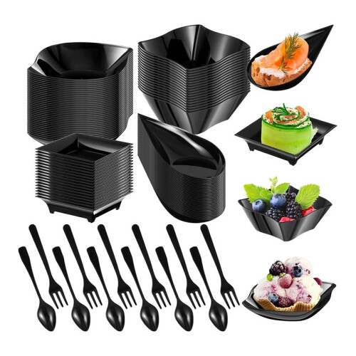 200 Pcs  Appetizer Plates with Spoons Forks Disposable  Dessert Plates Plastic Appetizer Bowls Tiny Black