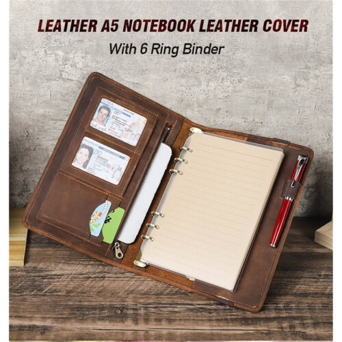 Vintage Leather A5 Notebook Cover with 6-Ring Binder - Refillable Organizer, Multi-Function Planner for Office, School 1