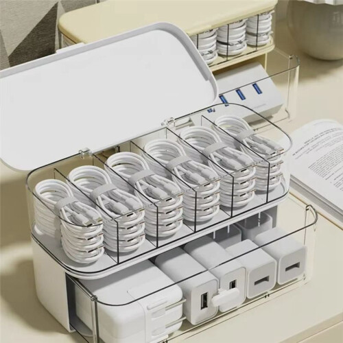 Compact Transparent Desktop Cable Organizer Box with Lid-No Cord and Charger Storage Solution for Home Organization B 2