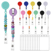 12Set Beadable Retractable Badge Reels Clips with Id Card Holder, Colorful Badge Reel Kit for DIY Beads Blank Bar