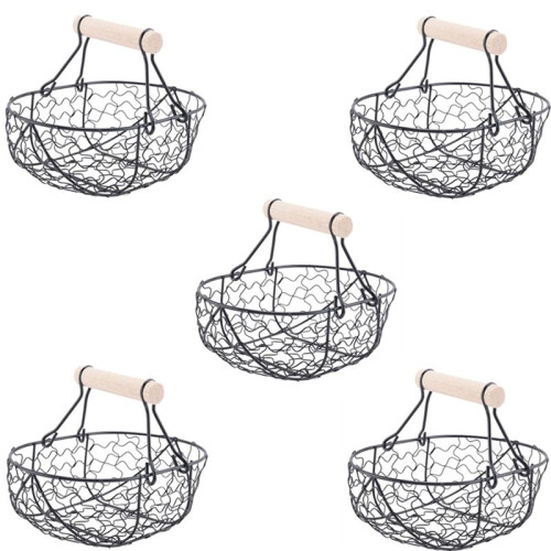 5X Wooden Handle Metal Retro Basket Portable Multi-Function Vegetable Fruit Egg Groceries Practical Storage Basket