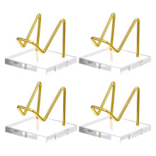 4 Pcs Acrylic Display Stand with Gold Metal Arms Display Pedestal with Acrylic Base Decorative Gold Easel Stand Mineral