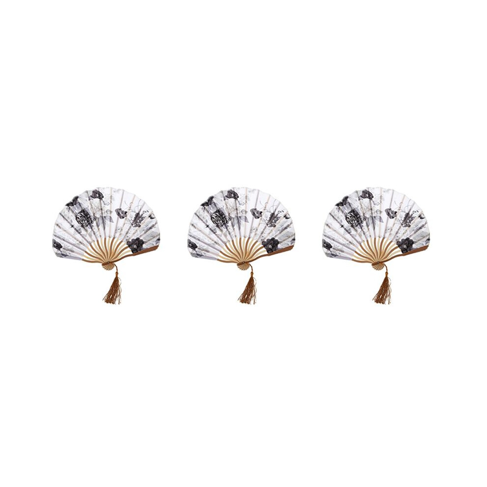 Semoic 3X Chinese Gray Peony Blossom Fabric Bamboo Folding Dancing Hand Fan White