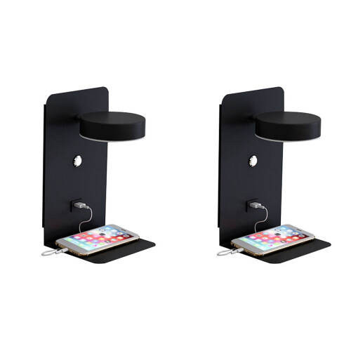 2X Reading Wall Light with USB Port Charging  Rack Bedside Lamp with  -Black