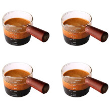 4X Glass Measuring Cup Espresso Shot Glass 75ML Triple Pitcher Barista Single Spouts with Wood Handle