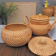2X Rotan Ronde Mand met Deksel, Rotan Opbergmand met Deksel, Broodvoedselmand Fruitsnacks Mand voor Tafelplank