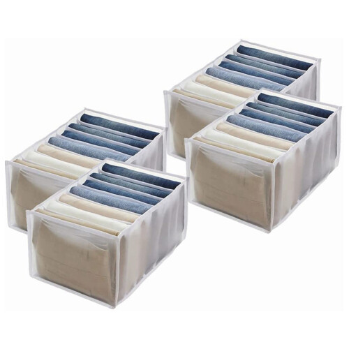 4Pcs Wardrobe Storage Organiser, Jeans Compartment Storage Box Closet, Foldable Drawer Clothes Organizer Mesh ,White 1