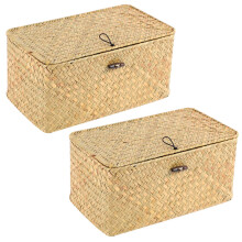 2X Handmade Straw Woven Storage Basket with Lid Makeup Organizer Storage Box Laundry Baskets Rattan Jewelry Box(S)