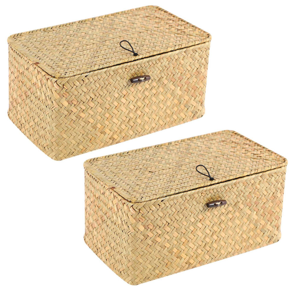 Typecat 2X Handmade Straw Woven Storage Basket With Lid Makeup Organizer Storage Box Laundry Baskets Rattan Jewelry Box(S)