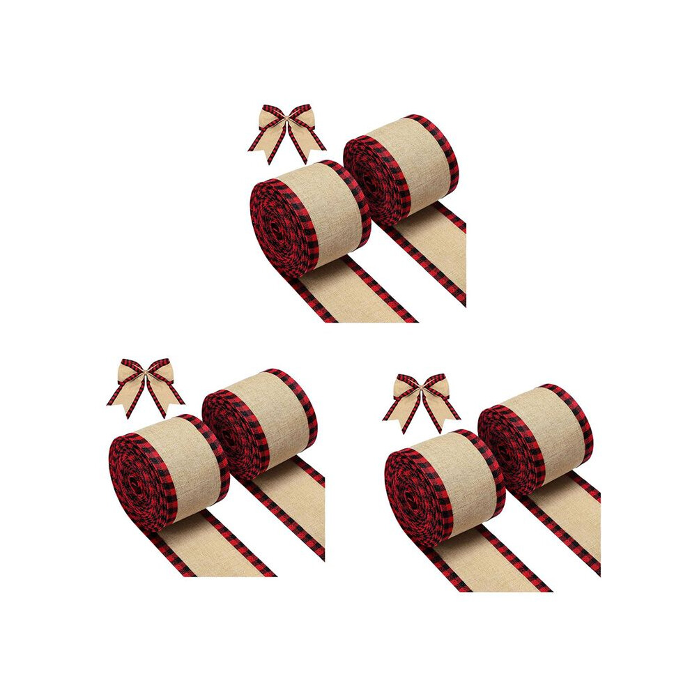 Semoic 6X Plaid Wired Ribbons Christmas Burlap Fabric Ribbon Wrapping Ribbon Rolls With Checkered Red