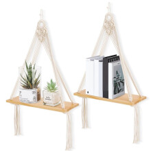 Macrame Wall Hanging Shelf Set of 2,Boho Wooden Display Floating Shelves for Wall Decor with Handmade Woven Rope