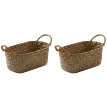 2X Panier de Rangement Tissé à la Main Paille Récipient de Nourriture Organisateur de Maquillage en Rotin (S, 24X15X9cm)