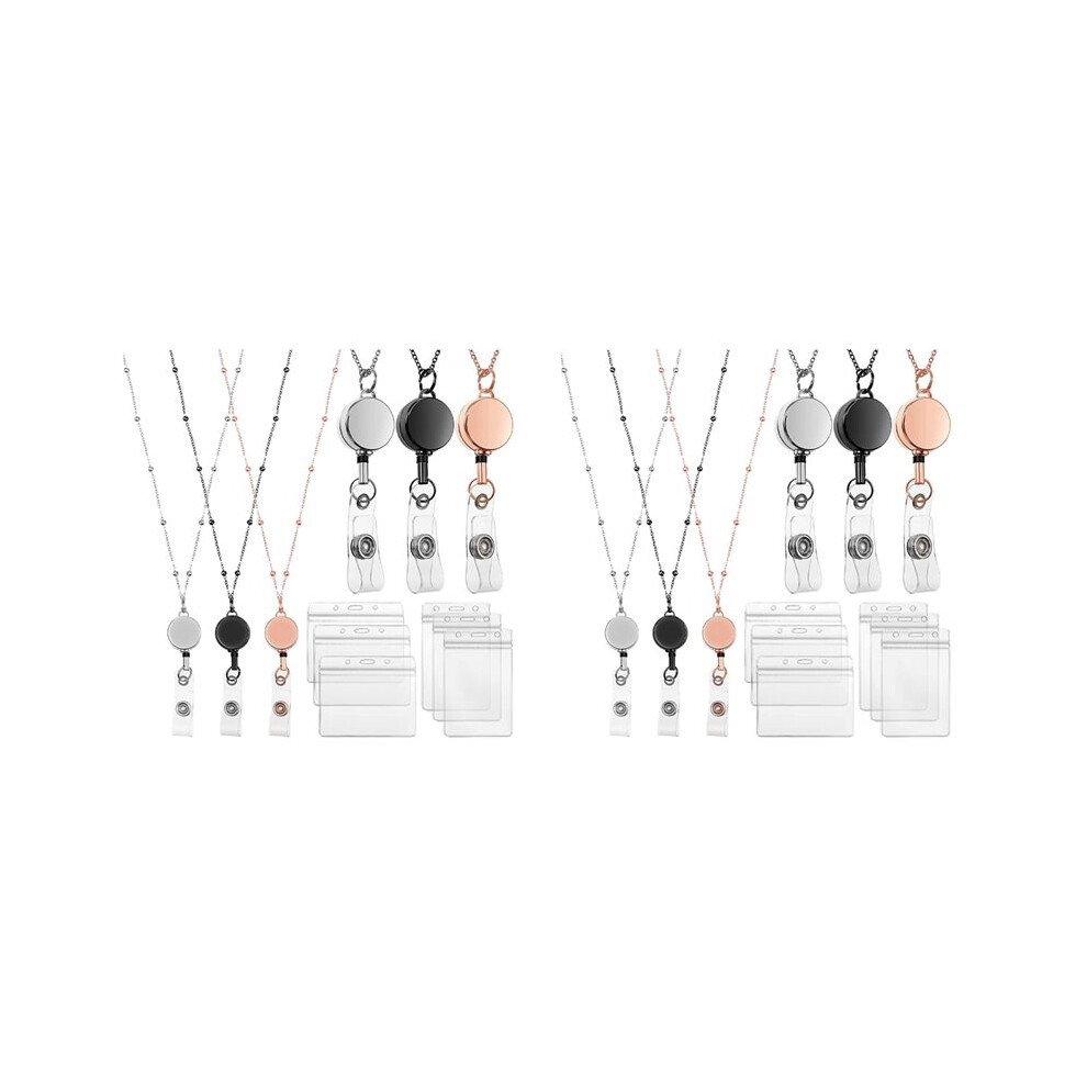 Retractable Badge Scroll Lanyard With Id Card Holder, 6Pcs Beaded Badge Lanyard Necklace With 12 Business Card Holders A 6033391884977