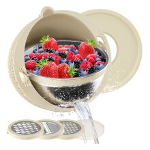 4-in-1 Colander with Mixing Bowl Set,Colander Bowl,Fruit Strainer Bowl, Colanders & Food Strainers Stainless Steel Beige