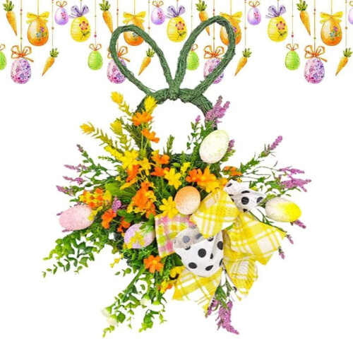 Spring Easter Bunny Wreath Artificial Flower RabbitWreath with Eggs Rattan Spring Front Door Garland Rustic Handmade 1