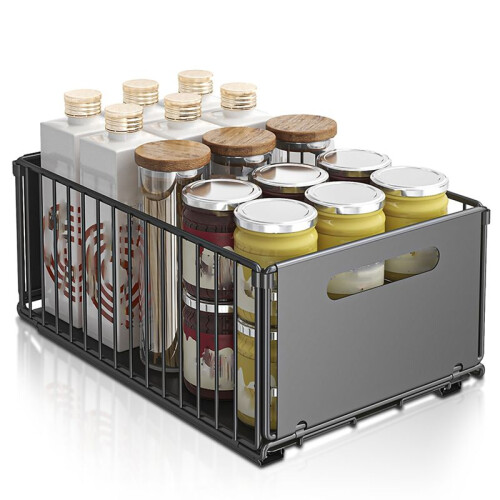 Pull Out Kitchen Storage Rack - Kitchen Sink Shelf Slide Drawer Organizer for Seasoning Bottles, Snacks & More B