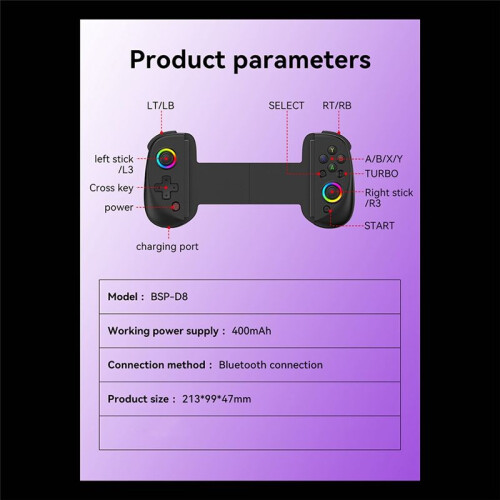 Controller di Gioco Telescopico D8 Controller di Gioco Mobile Leggero RGB con Vibrazione a 6 Assi per Android IOS PS3 PS4  PC,B 1