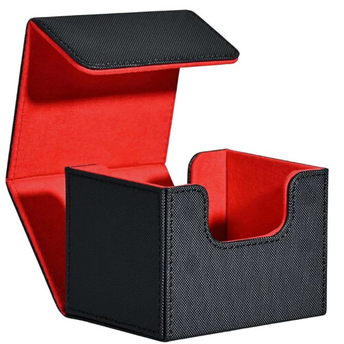 Card Deck Box - PU Leather Storage Case Fits 100 Sleeved Cards, Strong Magnet Closure Black