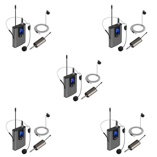 5X UHF Portable Wireless Headset/ Lavalier Lapel Microphone with Bodypack Transmitter and Receiver 1/4 Inch Output