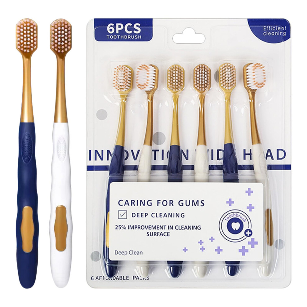 Soft Bristle Wide Head Toothbrush for Adults, Manual Ergonomic Grip Couple Travel Set (6 Pack)