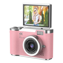 Câmera Digital 4K CCD com de 8x para Estudantes, Câmera Fotográfica Digital Compacta de 48 MP, Tela Flip de 180 Graus, Câmera Selfie Rosa