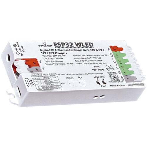 DOMRAEM 4-Channel LED Strip Controller ESP32 WLED Digital Controller PD5/12/20V DC5-24V Input 16A B