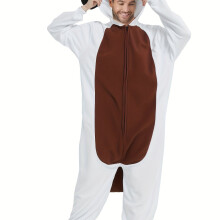 (White, 38) Gemütlicher Herren-Pyjama-Einteiler mit Fleece-Futter und Kapuze – Cartoon-Tier-Design, Fledermausärmel, warmer Schlafmantel für