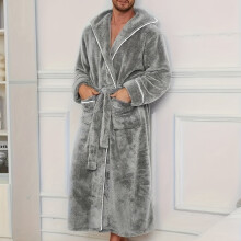 (Light Grey, 38) Luxuriöser schwarzer Fleece-Bademantel für Herren mit Farbblock-Design – weicher, bequemer, langärmliger Bademantel mit Kapuze