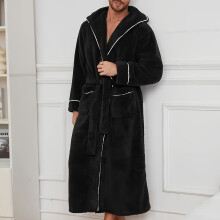 (Black, 40) Luxuriöser schwarzer Fleece-Bademantel für Herren mit Farbblock-Design – weicher, bequemer, langärmliger Bademantel mit Kapuze