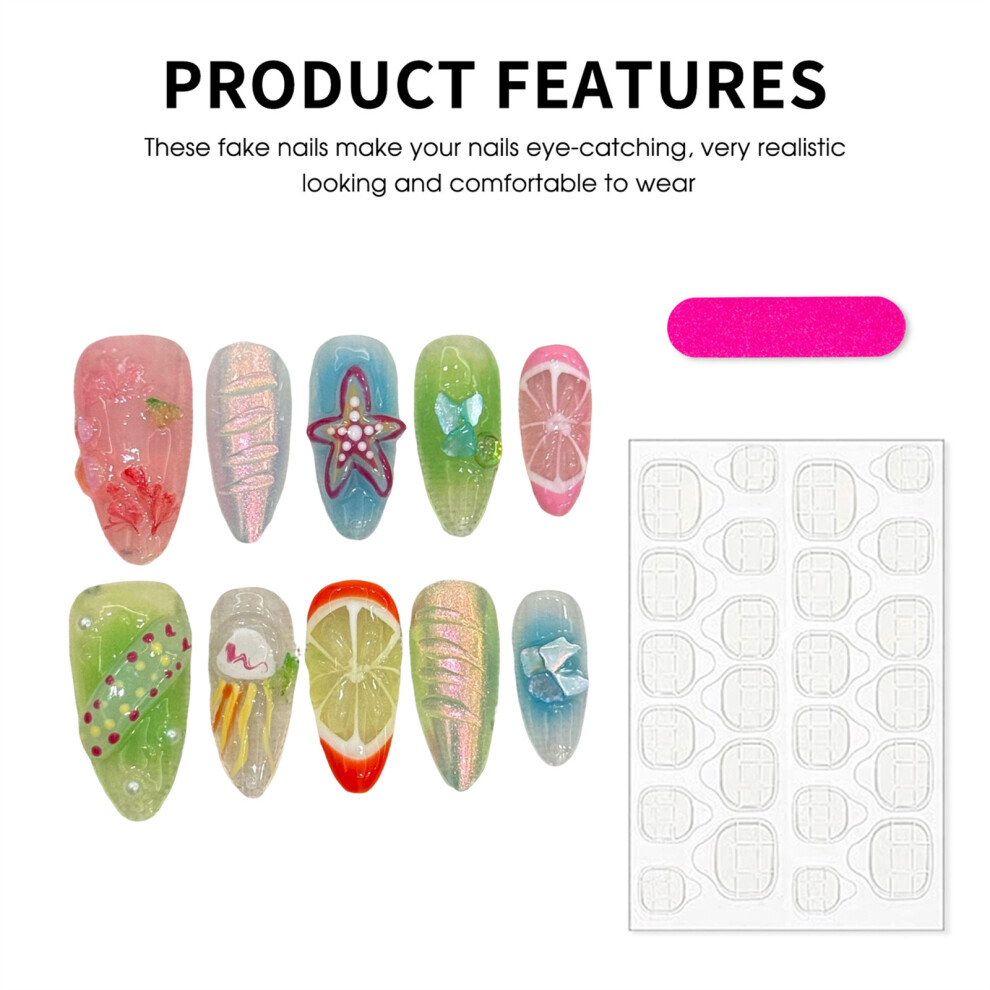 Bright-Home (M) 10Pcs Glossy False Nails With Starfish-Prints Easy To Wear Never Splitting Fake Nails For Holiday Party Daily Matching