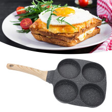 Aluminum 4-Cup Non-Stick Egg Frying Pan with Wooden Handle, 19x18.5cm