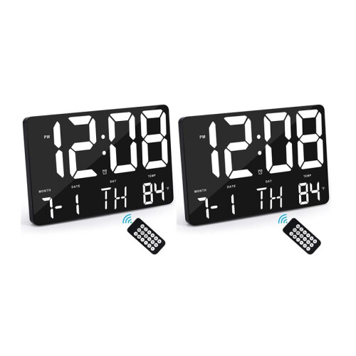 2X Digital Wall Clock Large Display Alarm Clock with Wireless Remote Control LED Wall Clock with Date and Temperature-B