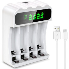 Carregador Rápido para Pilhas AA/AAA, Carregador Inteligente, 4 Compartimentos para Pilhas, Visor LED Que Exibe o Nível da Bateria, Carregador