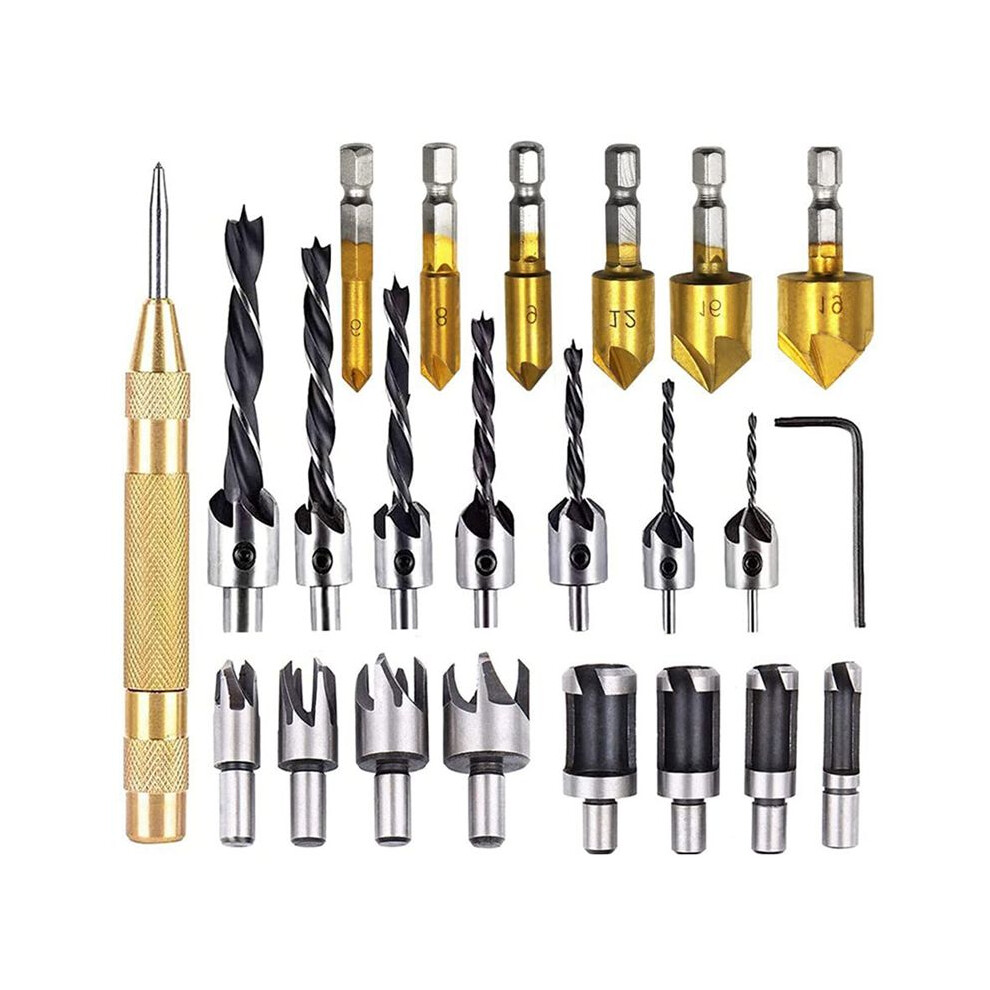 23-Pack Woodworking Chamfer Drilling Tool Set Wood Plug Cutter Three-Pointed Countersink Drill Bit 6033280051145