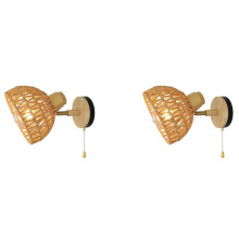 2X Rattan Wall Sconces Retro Japanese Style Bedside Wall Lamp for Bedroom Living Room Wall Light Zipper Lights EU Plug