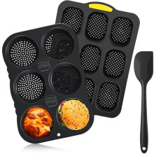 Silicone French Bread Pan and Hamburger Bun Pan Set with Spatula Nonstick 9 Cup Baking Tray 6 Cup Hamburger Bun Mold