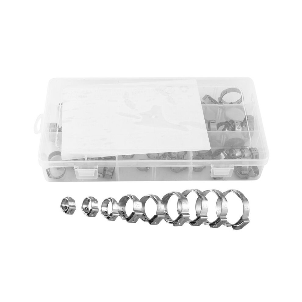 Stainless Steel Single Ear Hose Clamp, 80Pcs 6-23.6Mm Crimp Hose Clamp Assortment Kit Ear Stepless Cinch Rings Crimp Pinch Fitting Tools (1/4 Inch - 4714053045869