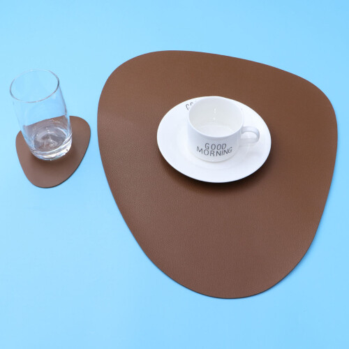 2Pcs Heat Insulation PU Placemats Brown Waterproof Cup Mats 2