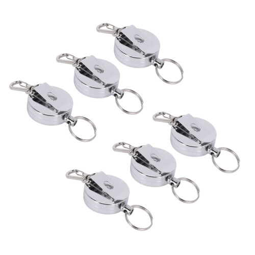6 Pcs Stainless Silver Retractable Key Chain  Keyring Heavy Duty Steel